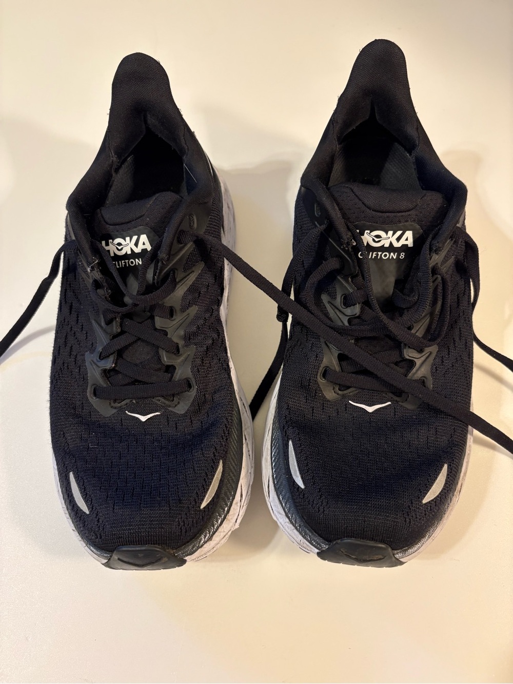 Hoka Black and White Clifton 8 Running Shoes